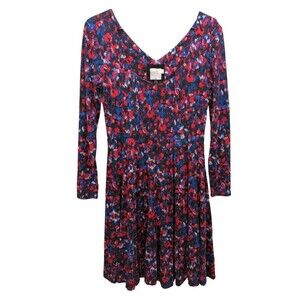 ANTHROPOLOGIE Saraid Red Dress HD in Paris Fit Flare Long Sleeve Blue Stretch S